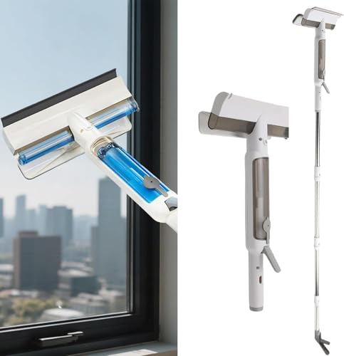 Pulisci Vetri Doppio Vetro con Palo Telescopico (190cm) per la Pulizia Delle Finestre con Spray e 4 Pastiglie per Piastrelle in Vetro per Bagno, Doccia, Auto, Vetro