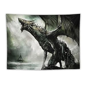 Dragon Tapestry, aquarel inkt zeilboot zwarte draak huilen op zee traditionele Ombre hippie Tapestry voor alle kamers 60…