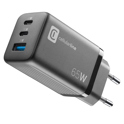 Cellularline | Chargeur Secteur Multipower Micro | Super Fast Charger 65 W avec 3 Ports USB-C avec Technologie Gan – Compatible avec Smartphone, iPhone, Tablette, iPad, Ordinateur Portable et MacBook