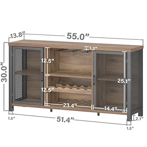 Launica Wine Bar Cabinet, Industrial Coffee Bar Cabinet, Farmhouse Liquor Bar Cabinet For Liquor And Glasses, Sideboard Buffet Cabinet With Storage Rack For Home Kitchen Dining Room, Rustic Oak, 55 In #TOP1