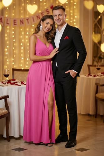 Image of Newshows Women's 2026 Summer Maxi Dress Spaghetti Strap Spring Casual Boho V Neck Split Beach Long Flowy Wedding Guest Dresses Semi Formal Fashion Trendy(Rose Red,S)