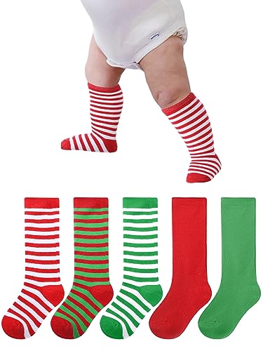 Foaincore 5 Pair Baby Christmas Knee High Socks Cotton Long Striped Tube Socks for Toddler Baby Boys Girls Christmas Wear
