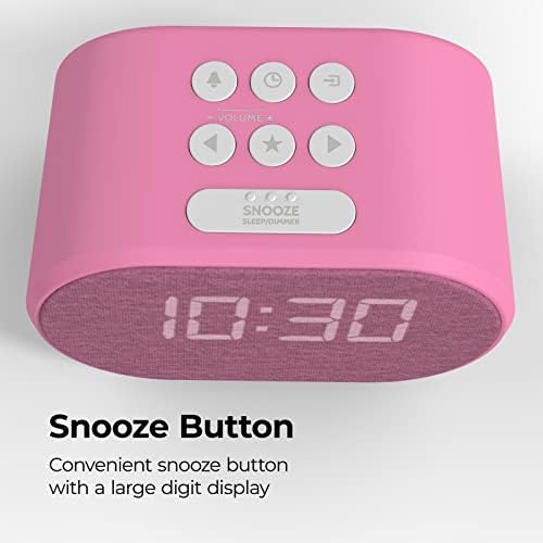 i-box Alarm Clock Bedside Non Ticking LED Backlit Alarm Clock with USB Charger & FM Radio, 5 Step Dimmable Display - Mains Powered with Battery Backup (Pink)