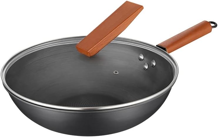 Wok with Stand-able Lid, Chinese Stir Fry Pan with Lid & Wooden Handle Professional Kitchenware for Your Home
