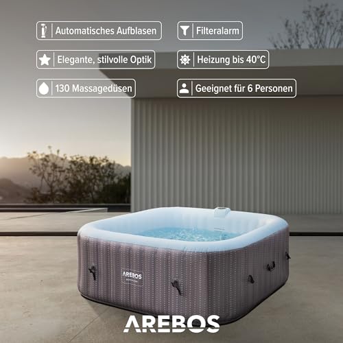 Arebos Spa Whirlpool 2400W | In-Outdoor Pool | für 6 Personen 185x185cm | 130 Massagedüsen | 910 L mit Heizung | Aufblasfunktion per Knopfdruck | Inkl. Abdeckung | Bubble Spa & Wellness Massage