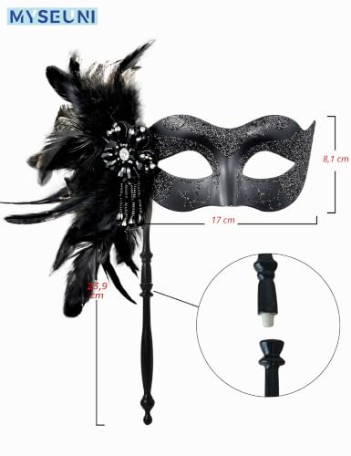 MYSEUNI Nouveau Masque de Bal Masqué Noir 2025 avec Bâton - Masque Vénitien à Plumes Brillantes pour Femmes pour les Fêtes d'Halloween, le Carnaval, le Cosplay, le Bal de Promo, Noël, le Mariage, le – vue 2