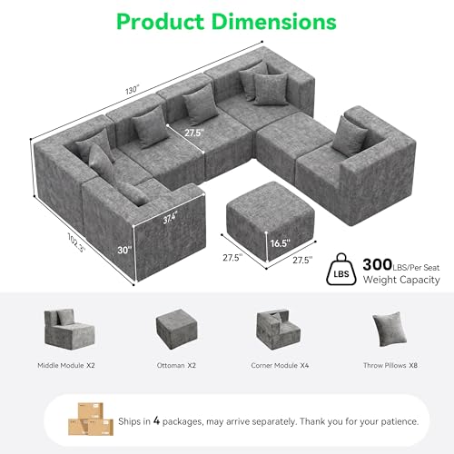Image of MONVANE Oversized Boneless Sectional Couches for Living Room, 8-Seat Cloud Couch, Modular Sofa with Ottoman & 8 Throw Pillows, Comfy Chenille, No Assembly Required, Light Gray