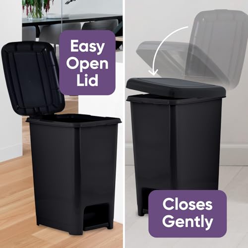 Image of Superio Kitchen Trash Can, Slim Step On Garbage Can with Foot Pedal, 16 Gallon, 64 Qt. Large Black Heavy Duty Plastic Trash and Recycling Bin