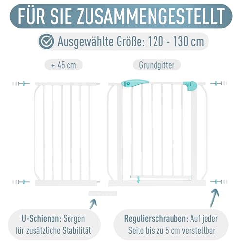 IB STYLE Türschutzgitter Berrin 120-130 cm, Treppengitter für Babys, Treppenschutzgitter ohne Bohren, Türgitter zum Klemmen, Kleinkinder Absperrung, Weiß Türkis