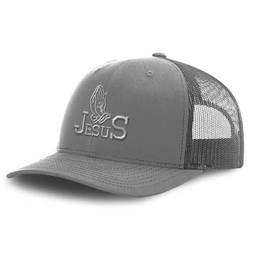 Mesh Cap Hat Embroidered Jesus Christian Hands Praying Christ God Trucker Hats for Men & Women Cotton Grey Design Only