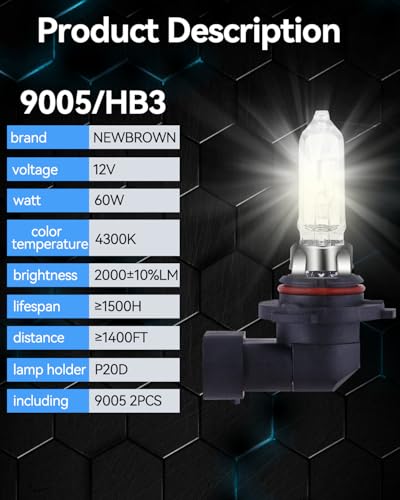 Image of NEWBROWN 9005 HB3 Headlight Bulbs 200% brightness 4300K White 12V /60W HB3 9005 Bulb Halogen Long Life Replacement P20D (9005 /HB3, 2 Pack)