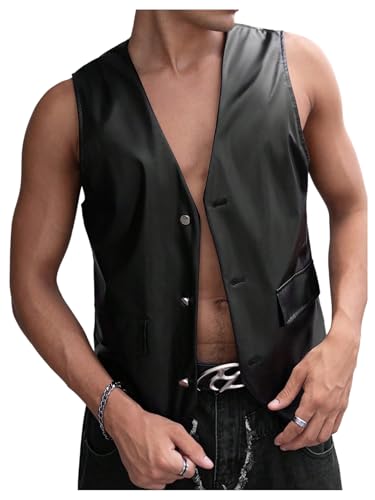 GORGLITTER Men's Leather Vest Casual Button Down Western Cowboy Cropped Vests V Neck Going Out Jacket Black Medium