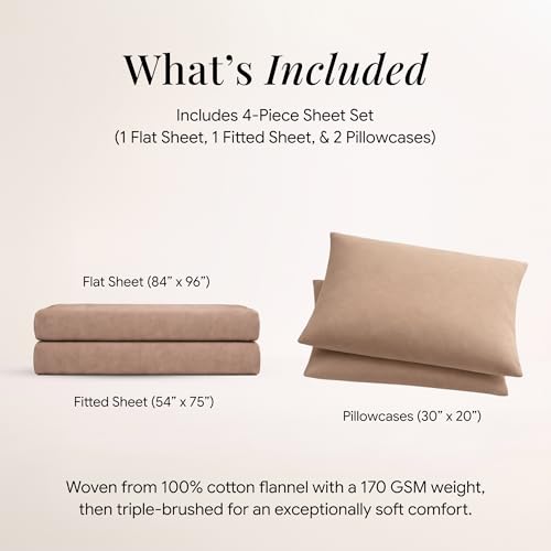 Image of Tribeca Living Triple Brushed Soft Cotton Flannel Sheets Set, Full Size 170-GSM Weight Extra Deep Pocket Sheet in Solid Cashmere Color