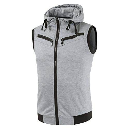 Maiyifu-GJ Men Sleeveless Zip-up Hoodie Vest Lightweight Workout Hoodies Tank Tops Drawstring Slim Fit Hooded Vest Blouse (Light Grey,4X-Large)