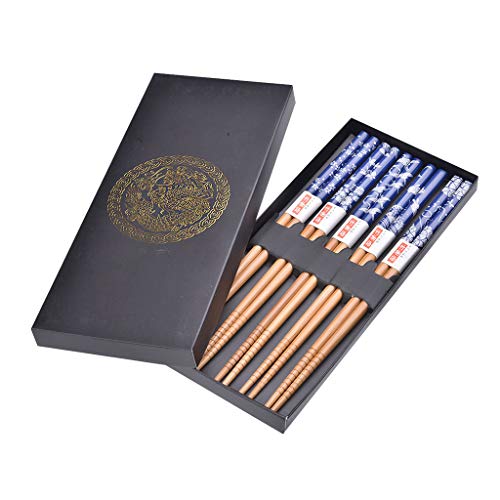 Quantum Abacus Set de 5 Paires de Baguettes Chinoises Batik Bleu, Baguettes en Bambou dans Une Belle boîte Cadeau en Carton Noir, H2-S5C-BB-07