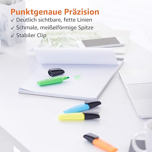 Amazon Basics Textmarker 8er-Set, wischfest, langlebige Meißelspitze, Strichstärke 2–5 mm, Stifte für Erwachsene und Kinder, mehrfarbig