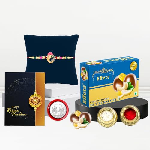Image of DeoDap Ganesh Design Mina Beads Rakhi Coated with Chocolate, Silver Pooja Coin, Tilak Set, Greeting Card - Rakhi Gift for Brother