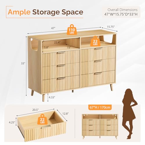 Image of VINGLI Fluted Dresser Led, 6 Drawer Dresser for Bedroom, Light Wood Bedroom Dressers Oak, 47 inch W*15.75 inch D*33 inch H