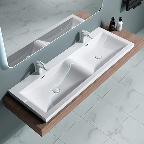 Double lavabo encastrable 144 cm blanc rectangulaire en solid surface doporro Colossum03