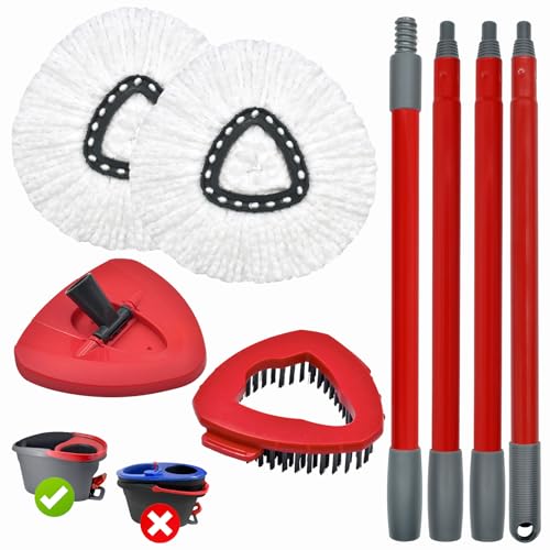 Mop Handle Mop Replace Heads and Mop Base Brush Replacement for O Cedar EasyWring 1-Tank Spin Mop System Include 2 Mop Head, 4-Section Mop Handle, 1 Base and 1 Scrub Brush Combo Set for Floor Cleaning