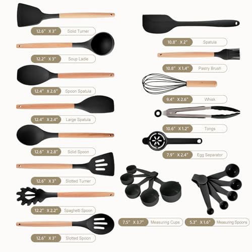 Gaixvny Kitchen Utensils Set - 34 PCS Non-Stick Silicone Cooking Utensils Set Spatula Set with Holder, Wooden Handle Spoon,Brush,Whisk Kitchen Gadgets Tools Set for Nonstick Cookware (Black-34P) by Gaixvny - Image 6