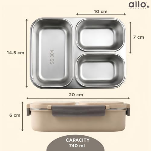 Image of Allo Bento Stainless Steel Lunch Box for Adult- BIS Approved, 304 Stainless Steel 3 Compartment Leakproof Tiffin Box for Boys and Girls for School, Travelling, Office, 740ml Beige