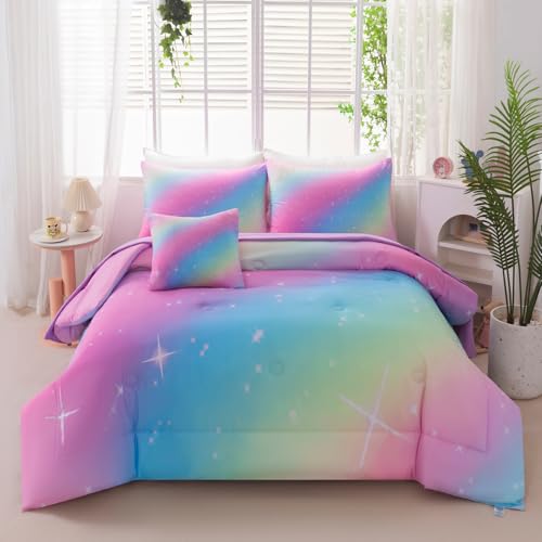 Image of 6Pcs Glitter Rainbow Kids Bed in A Bag Full Size Pink Teal Ombre Girls Bedding Comforter Set with Sheets Tie Dye Galaxy Gradient Bed Set (Pink Rainbow, Full)