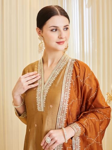 Image of MOKOSH Women's Silk Embroidery Anarkali Kurta Pant with Dupatta | Anarkali Kurta Set |Embroidered |V Neck Full Sleeve Ethnic Suit |3 Piece Outfit