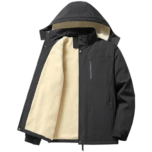 PEGENO Men's Winter Thick Hooded Jacket Fleece Lining Windproof Parka With Removable Hood Coat