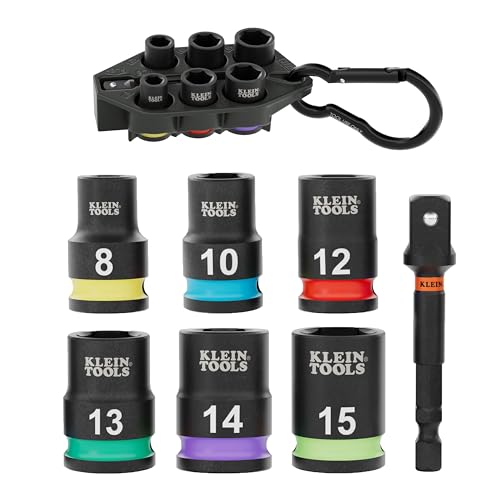 Image of Klein Tools 33808M Grab-And-Go Impact Socket Set, Metric, 7-Piece Set with Sleeve, Carabiner, 3 /8-Inch Drive, Color-Coded 8 mm, 10 mm, 12 mm, 13 mm, 14 mm, 15 mm Sockets