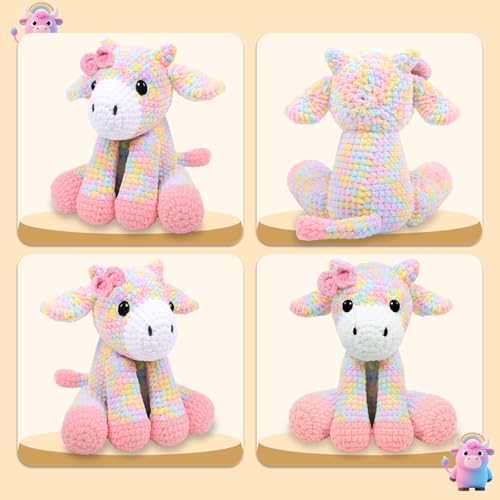 CODGP Crochet Kit for Beginners,11.8in Crochet Animal Kit Rainbow Cow, Beginner Crochet Kits Gift for Adults with Yarn Sets,Amigurumi Crochet Kit with Step-by-Step Video Tutorials - Thumbnail 6