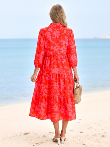 Image of Wenrine Womens Casual 3 /4 Sleeve Shirt Dress Button Down Flowy Maxi Dress