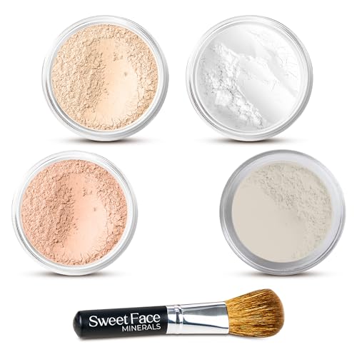 Quick Fix Mineral Makeup Touch-Up Starter Kit for Beginners – Sample Size Foundation, Concealer, Veil Primer and Setting Powder with Mini Face Brush – 5-Piece Collection