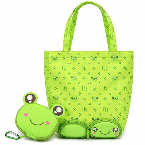 Image of FunBlast Foldable Shopping Bag - Cartoon Design Carry Bag with Zipper Pouch, Foldable Tote Bag for Girls & Women, Multipurpose Reusable Pouch Bags, Lightweight Travel Handbag with Handle Strap (Frog)