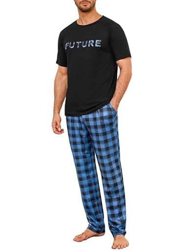 Marvmys Pijama Hombre Algodon Conjunto de Pijama Hombre Camiseta de Manga Corta con Cuello Redondo y Pantalones Largos de Cuadro con Bolsillos y Cordón | Ya disponible en tu tienda friki favorita! En mundofriki.es!