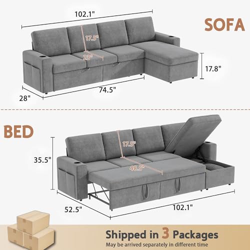 wanan 103\" Sleeper Sofa, L-Shaped Sectional Sofa Bed with Storage Chaise, Toolless Assembly, 2 in 1 Pull Out Couch with Cup Holders and Side Pockets for Living Room (Wool Blend, Grey) - Thumbnail 2