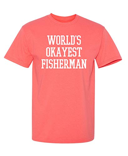 World's Okayest Fisherman Funny Mens Graphic T-Shirts Fishing Tee Graphic Tees Men Casual Humor Shirt Mens Sarcastic Funny Tee Shirts L Coral