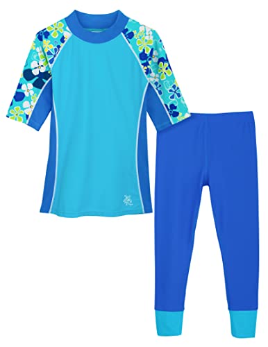 Image of Tuga Girls Short Sleeve Rash Guard and Swim Legging Bathing Suit Set, UPF 50+