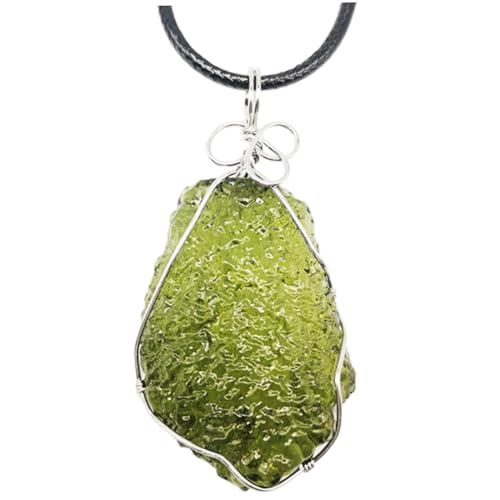 CNAFGBGG Collar de moldavita 1pc, Collar de meteorito de Cristal de curación Irregular Verde con Soporte de Metal y Cuerda de Cuero, Colgante de moldavita para un Regalo de cumpleaños.
