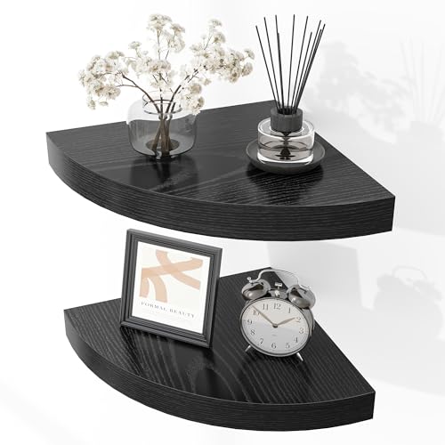 Image of Fun Memories Floating Corner Shelves Set of 2 - Rustic Wood Wall Mounted Storage and Display Shelves for Living Room, Bedroom, Kitchen, Bathroom - Space Saving Home Decor, Black