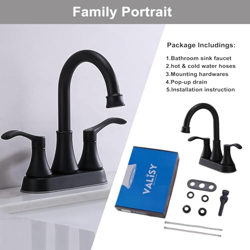VALISY Lead-Free Antique 2 Handle Bathroom Sink Faucet, 360° Swivel High-Arc Spout 4-Inch Centerset Lavatory Vanity Faucets Set with Drain & Water Hoses, Matte Black by VALISY - Used condition - Image 6