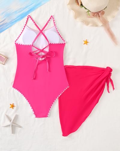 Image of Girls Swimsuit One-Piece Bathing Suit with Cover Up Skirt 7-16Y
