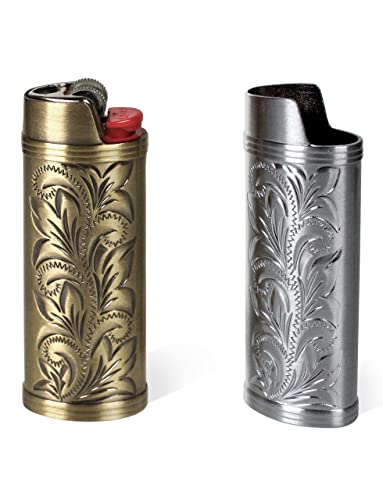 HUMWE 2 Pack Vintage Metal Lighter Case Cover Front Floral Engraving Reusable Lighter Sleeve for Bic J6 Regular Lighters (Style2-Bronze&Silver, 2)