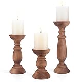 Rustic Wooden Pillar Candle Holders Set of 3, 12'' 9'' 6'' Farmhouse Wood Candle Stand for Table Centerpieces, Vintage Tall Candleholders Fireplace Mantel Decor for Living Room, Brown