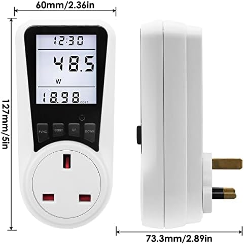 Electricity Usage Monitor, Plug In Voltage Amps Watt Meter Electrical Power Monitor with LCD Display 7 Display Modes and Overload Protection for Home Energy Saving UK Plug(British regulations,white)