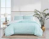 SCOUT Barnaby Checkham 100% Cotton 3 Piece Queen Duvet Set in White and Turquoise, All Season, Adult Size, Oeko-TEX Certified