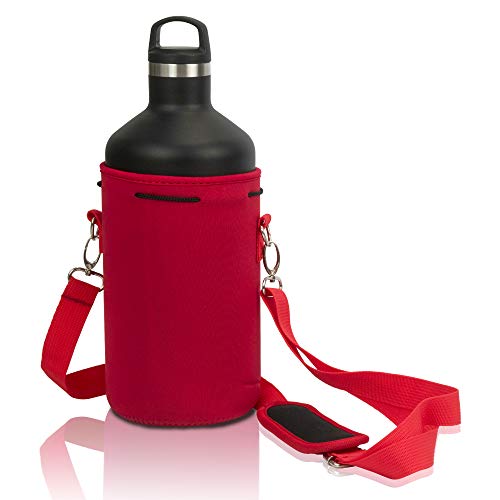 Made Easy Kit Neoprene Water Bottle Carrier Holder with Adjustable Shoulder Strap for Insulating & Carrying Water Container Canteen Flask Available in 5 Sizes (Red, XL (64oz))