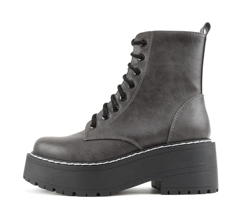 Image of Soda FLING Women Chunky Lug Sole Lace up Fashion Combat Ankle Boot w /Side Zipper