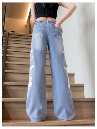 SHENHE Girl's Straight Leg Jeans Heart Print Elastic Waist Cute Denim Pants Jeans2