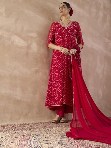 Image of INDO ERA Women's Georgette Floral Embroidered A-Line Kurta & Pant with Dupatta Set